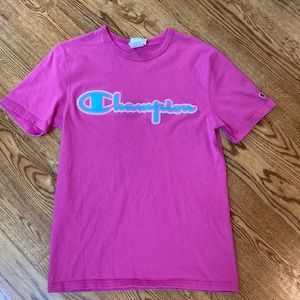 Womens Champion short sleeve tee pink embroidered puffy kardashian
